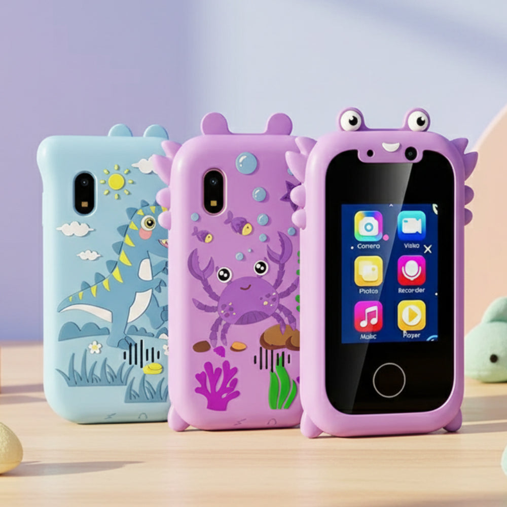 Three colorful phone cases with cartoon designs on a white background